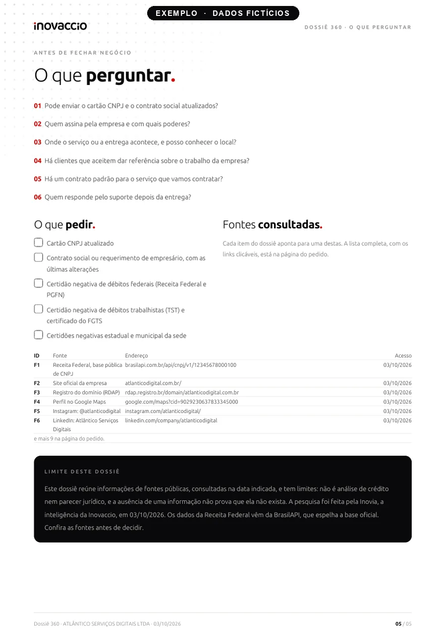 Página final do Dossiê 360 de exemplo, com as perguntas para fazer à empresa antes de fechar negócio. Dados fictícios.