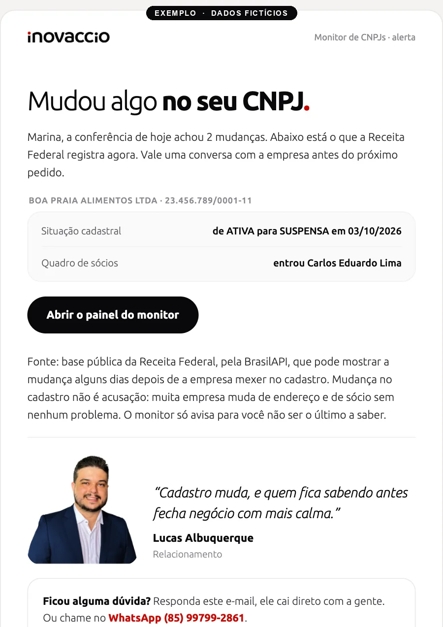 E-mail de alerta do Monitor de CNPJs de exemplo, avisando que uma empresa mudou de ativa para suspensa. Dados fictícios.