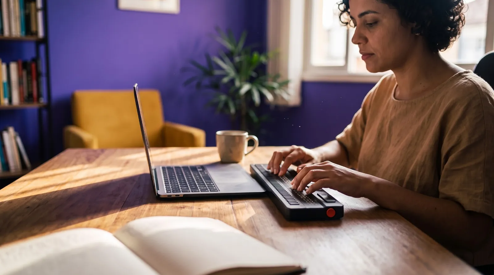 Mulher lendo com os dedos em uma linha braille ligada ao notebook