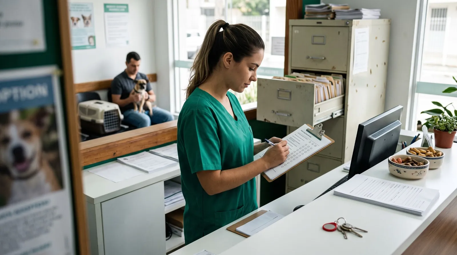 Recepcionista de uma clínica veterinária marcando uma lista de verificação, com o arquivo de fichas ao fundo