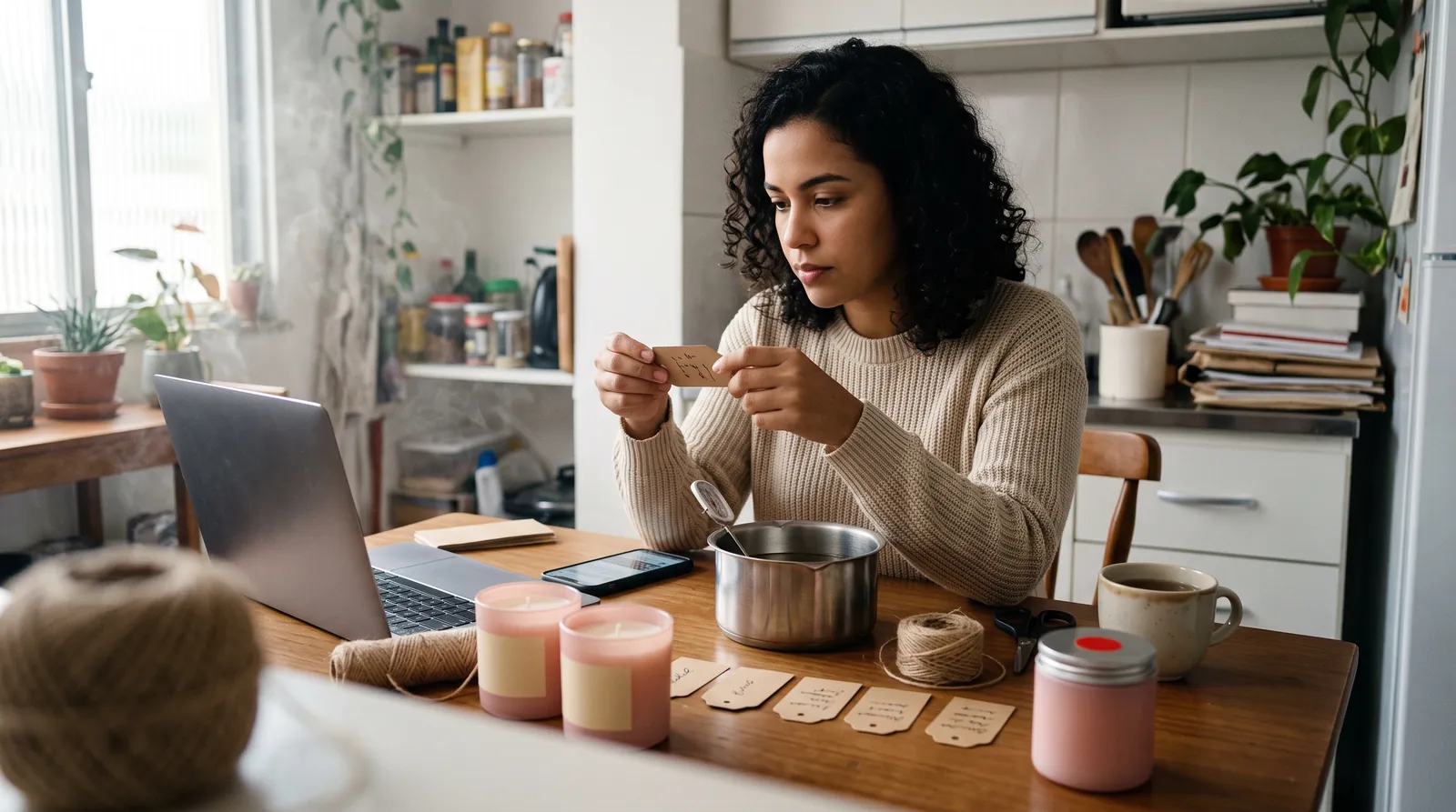 Artesã de velas escolhendo o nome da marca com uma etiqueta de papel na mão, na mesa da cozinha