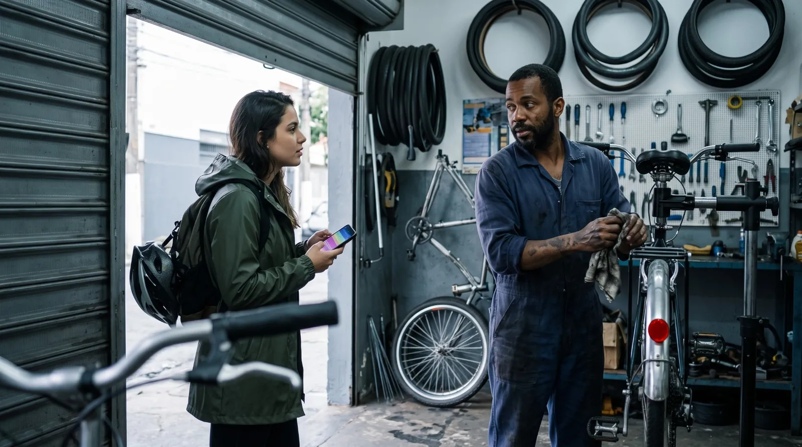 Cliente com o celular na mão entra em uma oficina de bicicletas e o mecânico levanta os olhos para ela