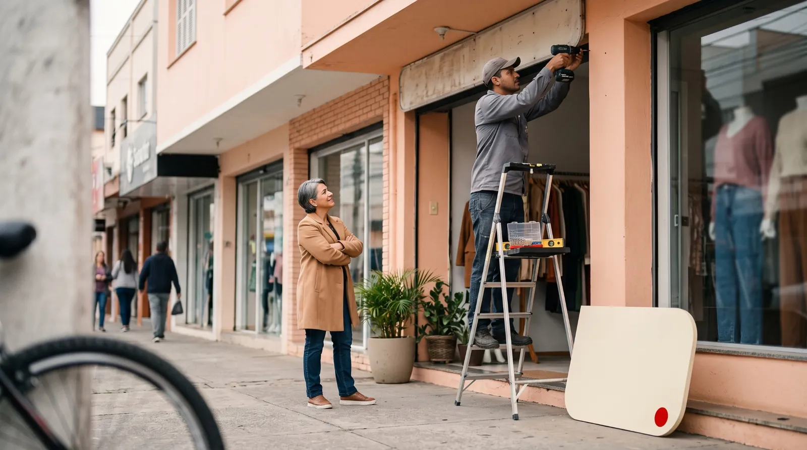 Instalador trocando a placa de uma loja de roupas enquanto a dona observa da calçada