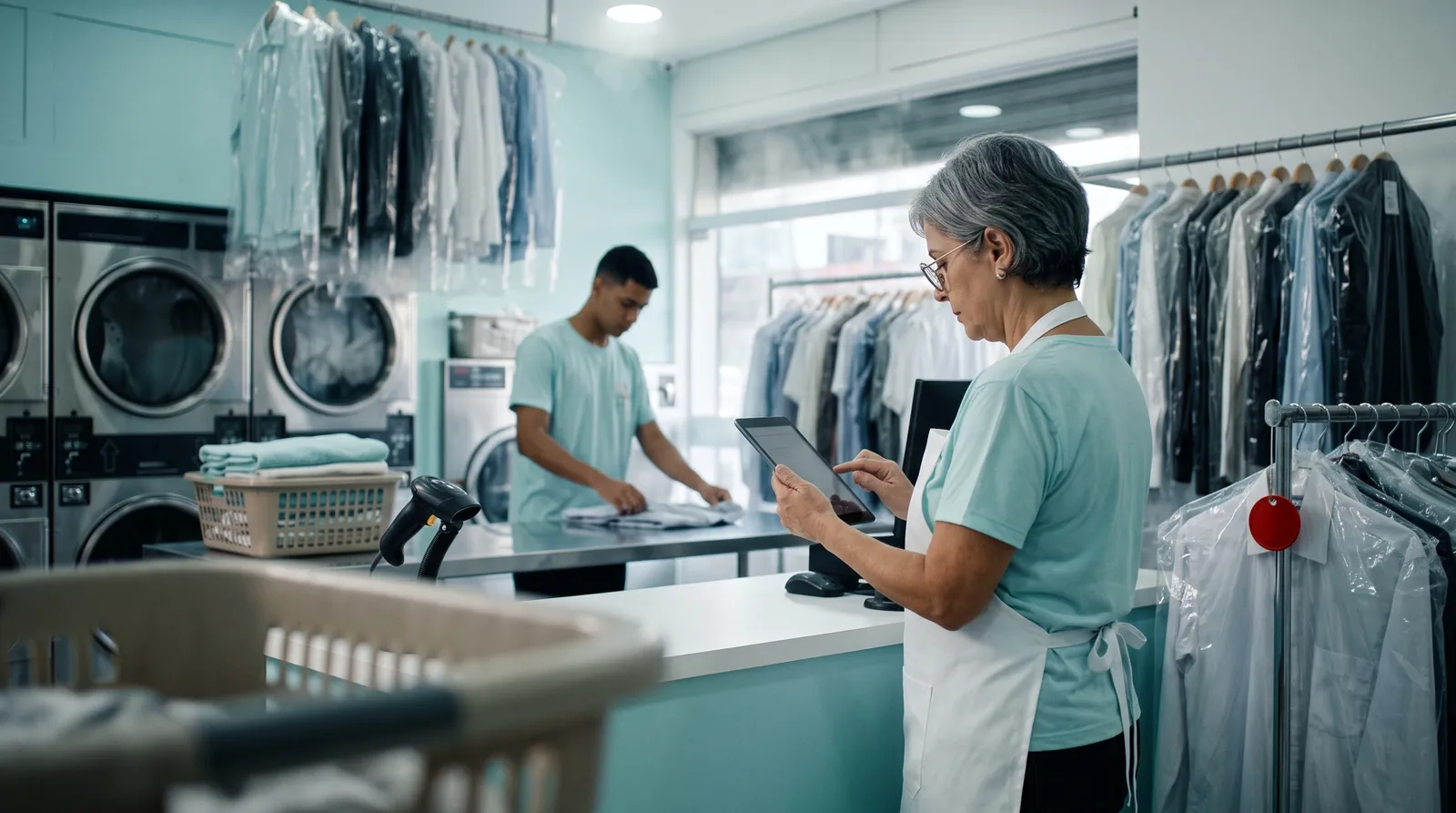 Dona de lavanderia lendo a etiqueta de uma peça no tablet enquanto o ajudante dobra roupas