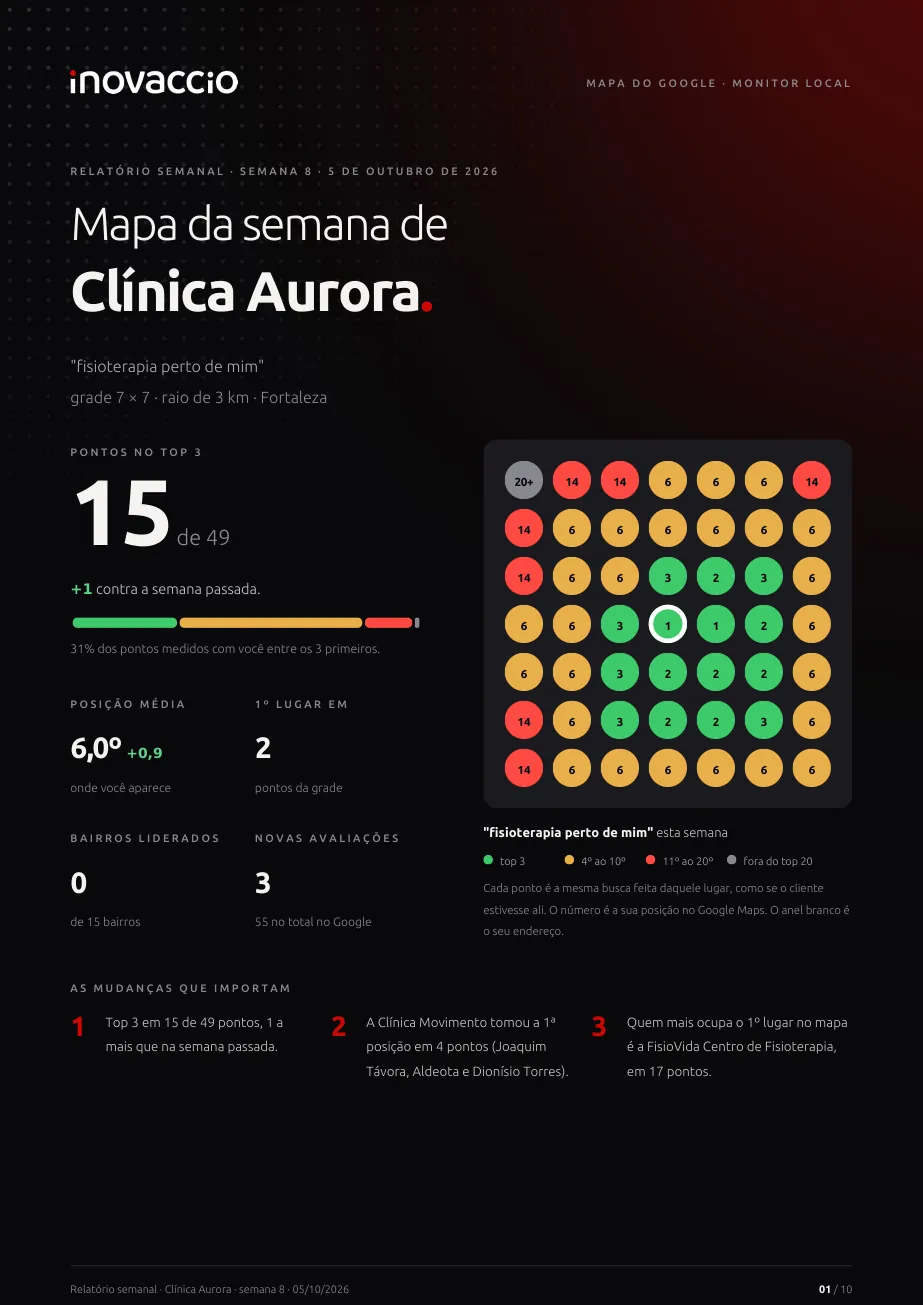 Página 01 do relatório de exemplo: Capa escura do relatório com os pontos no top 3, o mapa da semana e as mudanças que importam